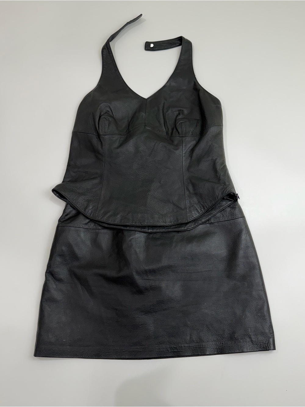 Vintage Newport News Black Real Leather Halter Top Mini Skirt Set Sz 18 Y2K